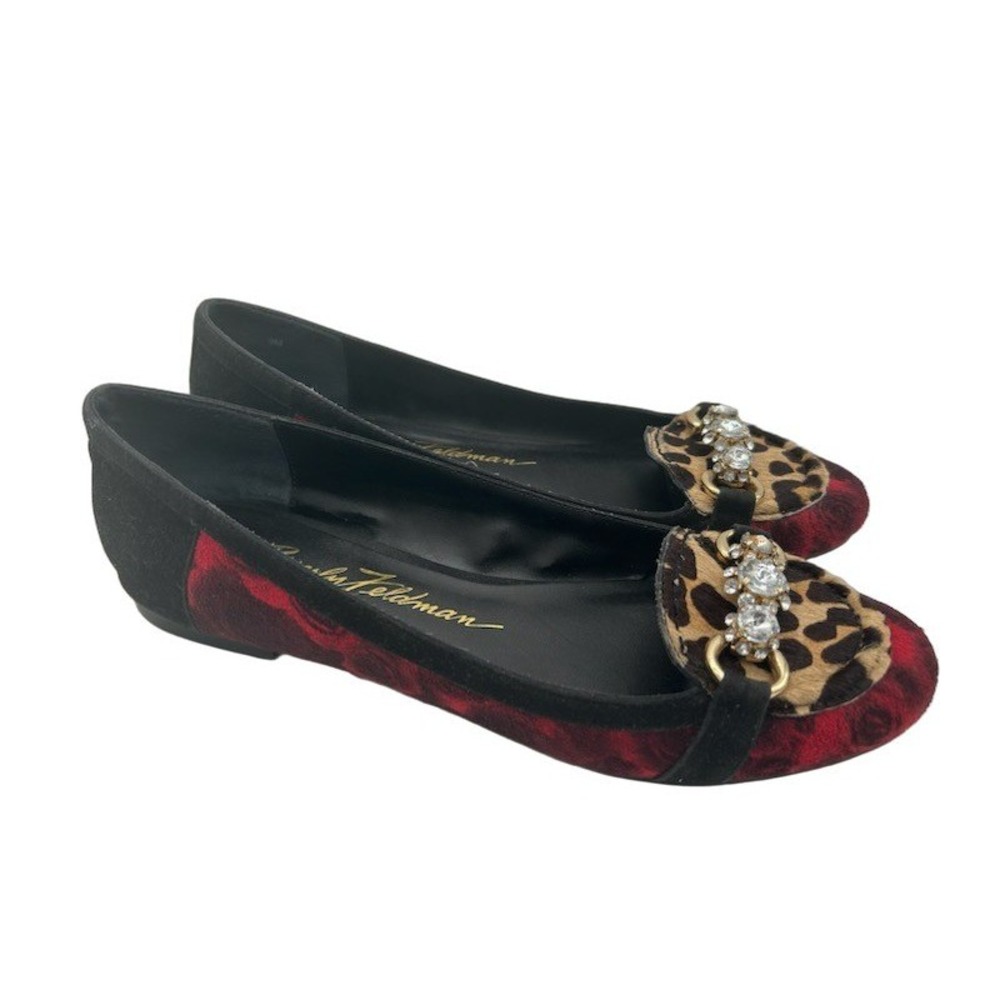 Beverly Feldman Shoes Womens Size 9 M Red Black Leopard Crystal Horsebit Loafers